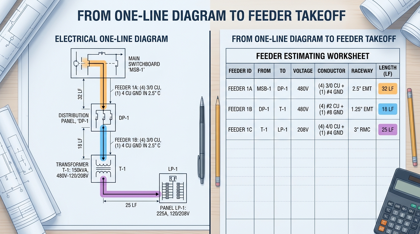 Electrical feeder takeoff created from a commercial one-line diagram