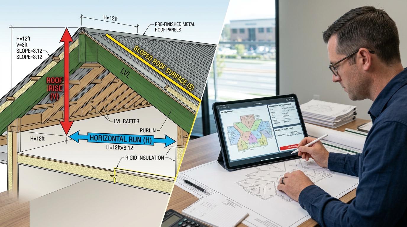 Roof pitch and sloped roof area calculation from plans
