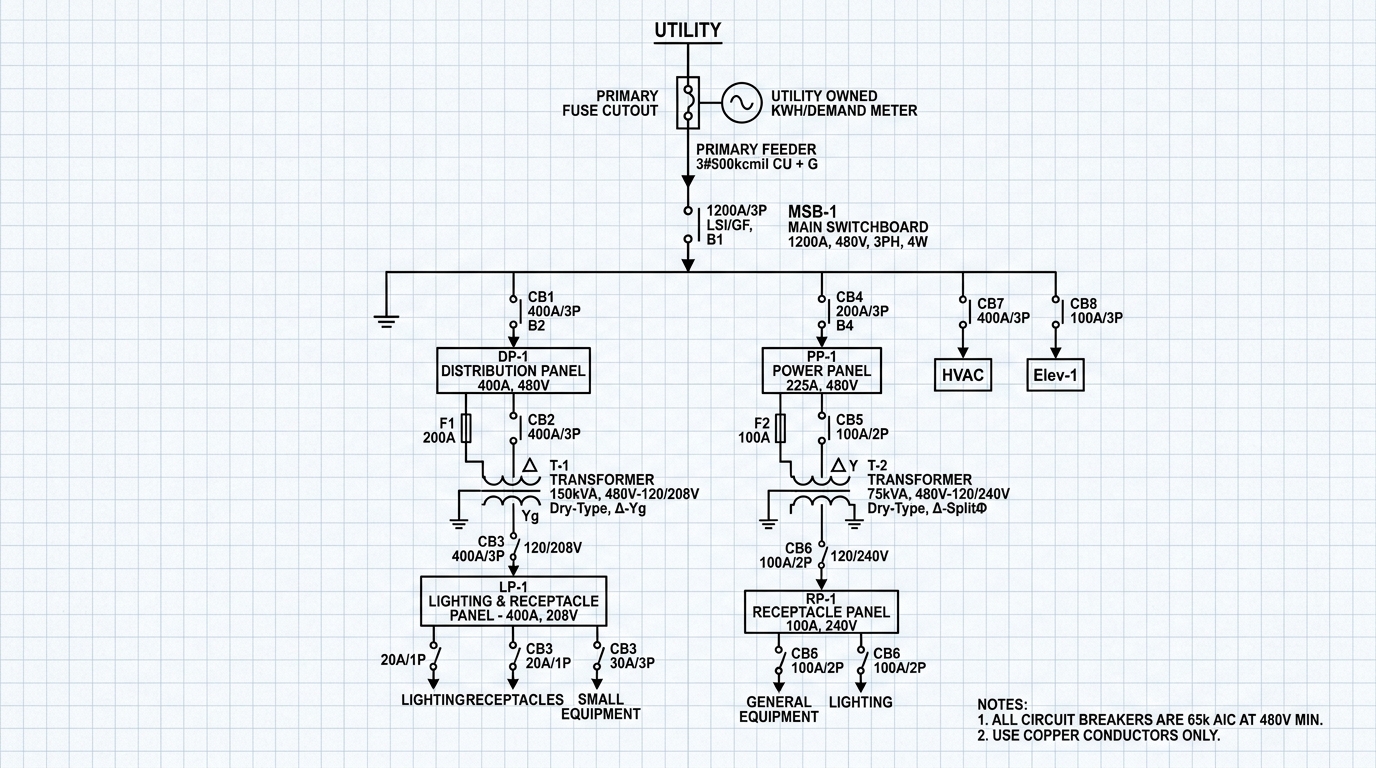 Commercial electrical one-line diagram showing utility, switchboard, transformers and panelboards