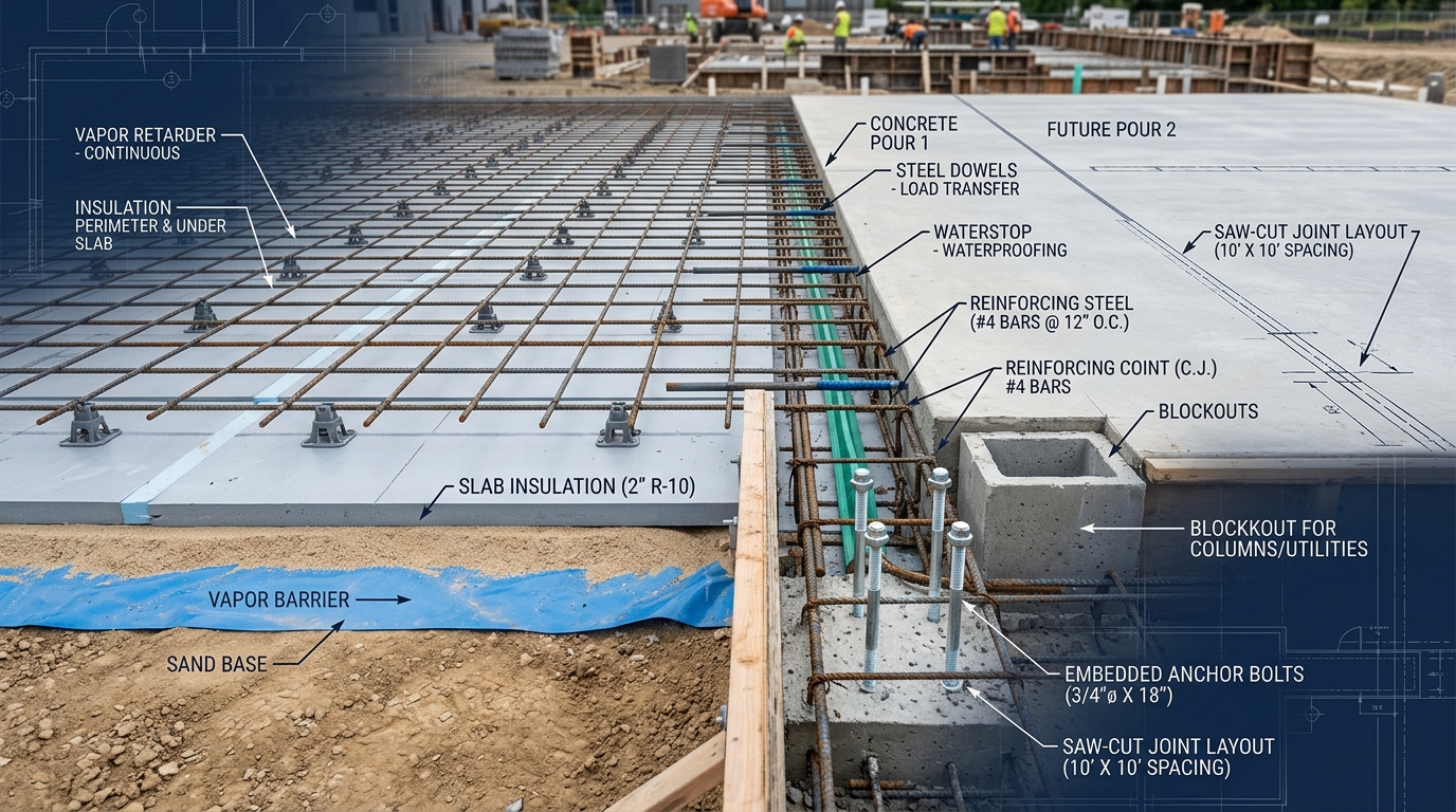 Concrete joints vapor barrier embeds and accessories takeoff