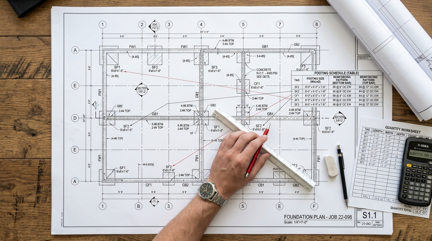 Estimator comparing foundation plan with footing schedule