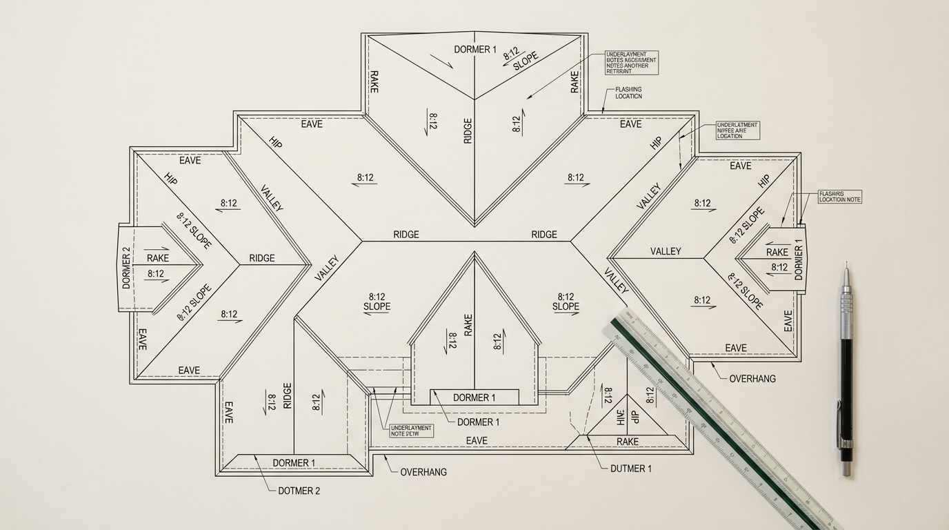 Roof plan showing ridges hips valleys eaves and roof planes