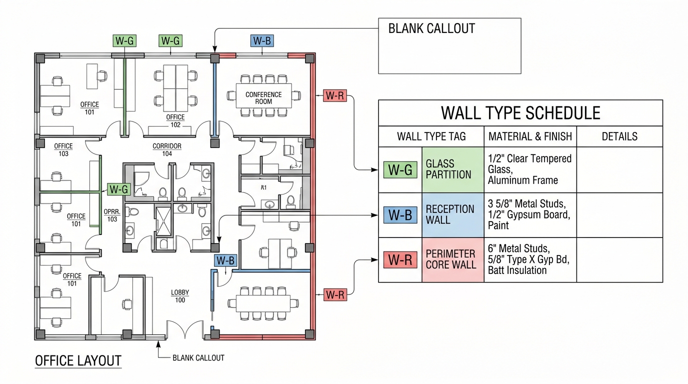 Wall type schedule matched to tagged drywall partitions on a floor plan