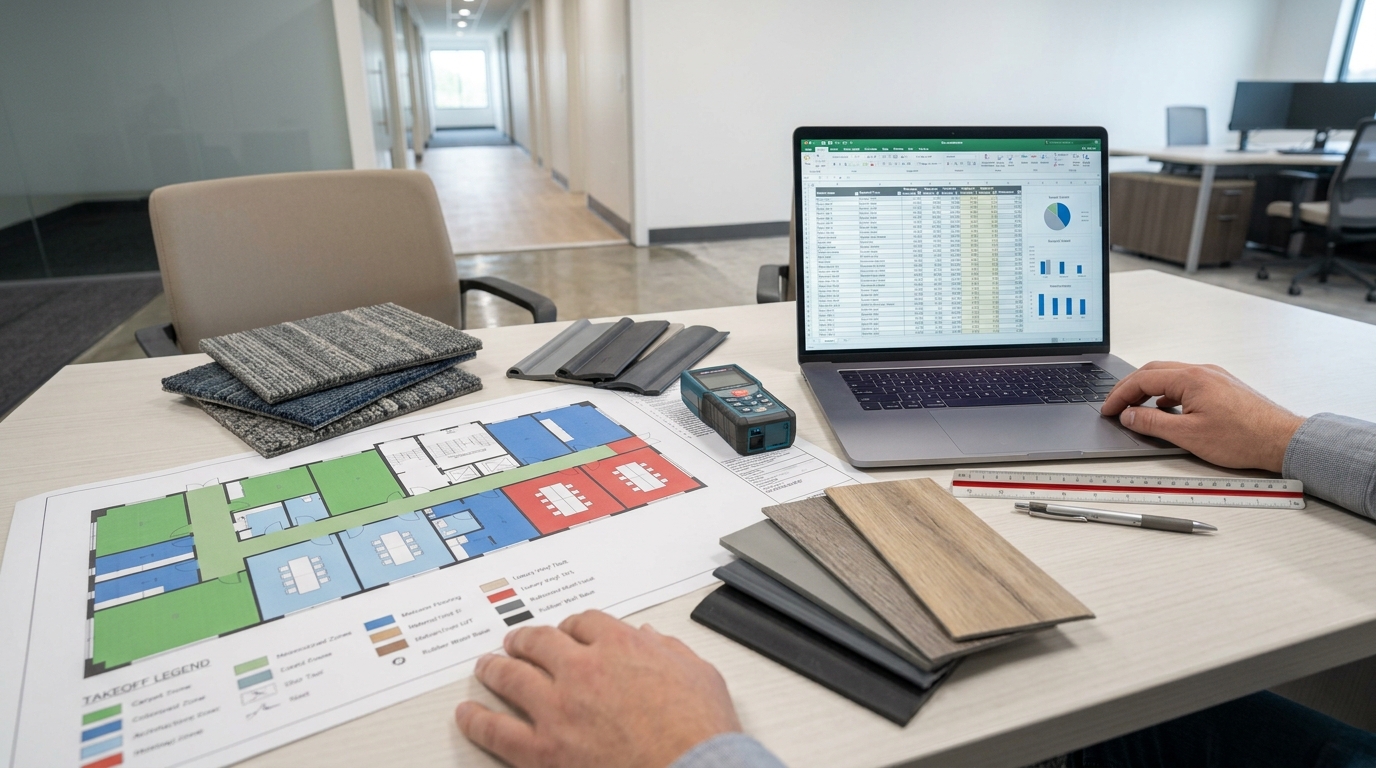 Color-coded commercial flooring takeoff and quantity report