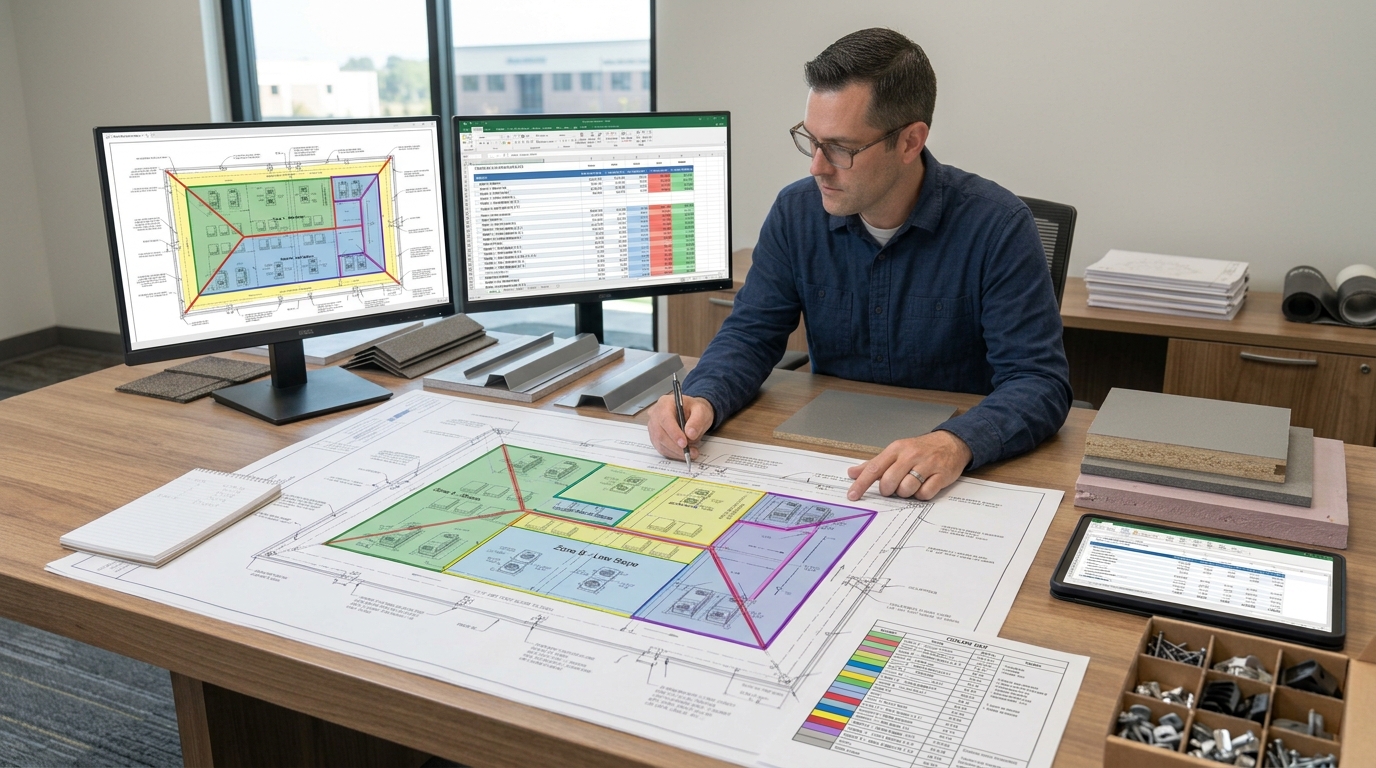 Color-coded roofing takeoff and roof plan quality review