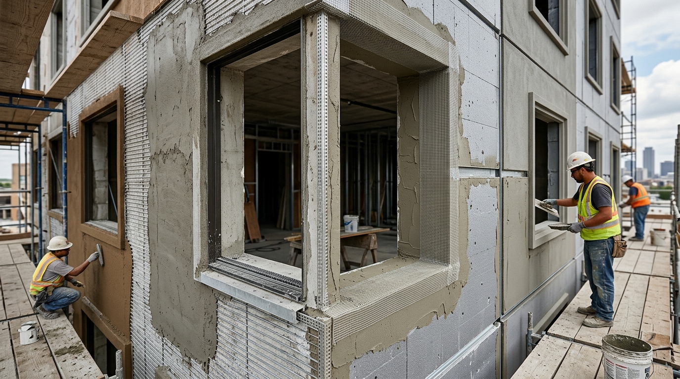 Stucco and EIFS facade showing window openings, control joints, beads and reinforcement