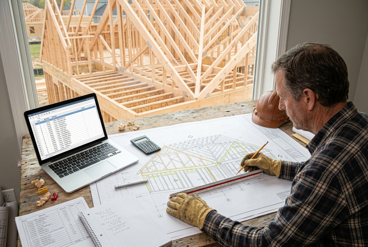 Estimator reviewing framing quantities and color coded construction plans