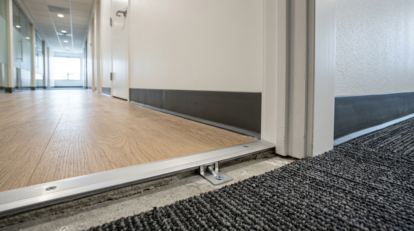 Commercial flooring transition strip and rubber wall base detail