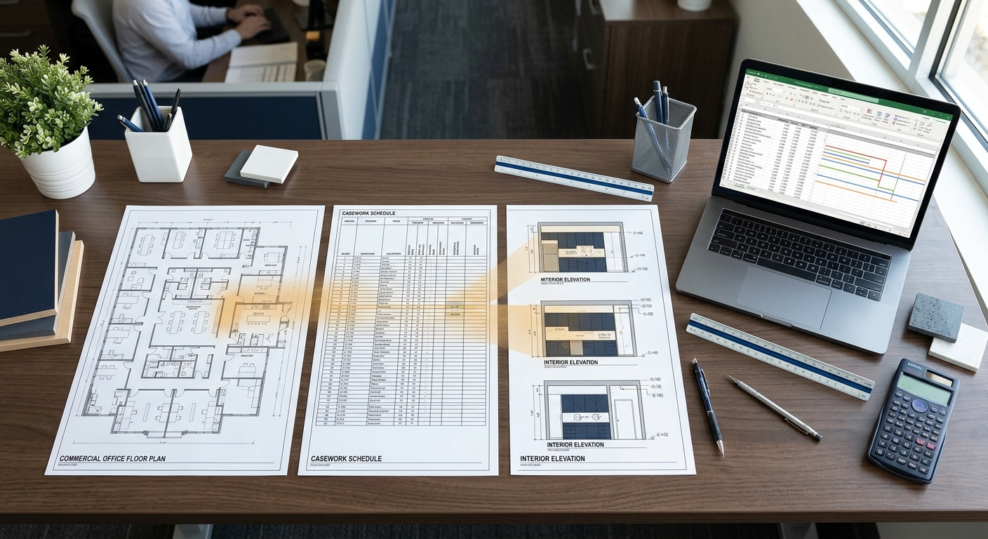 Cross-checking floor plans, casework schedules and interior elevations before bidding