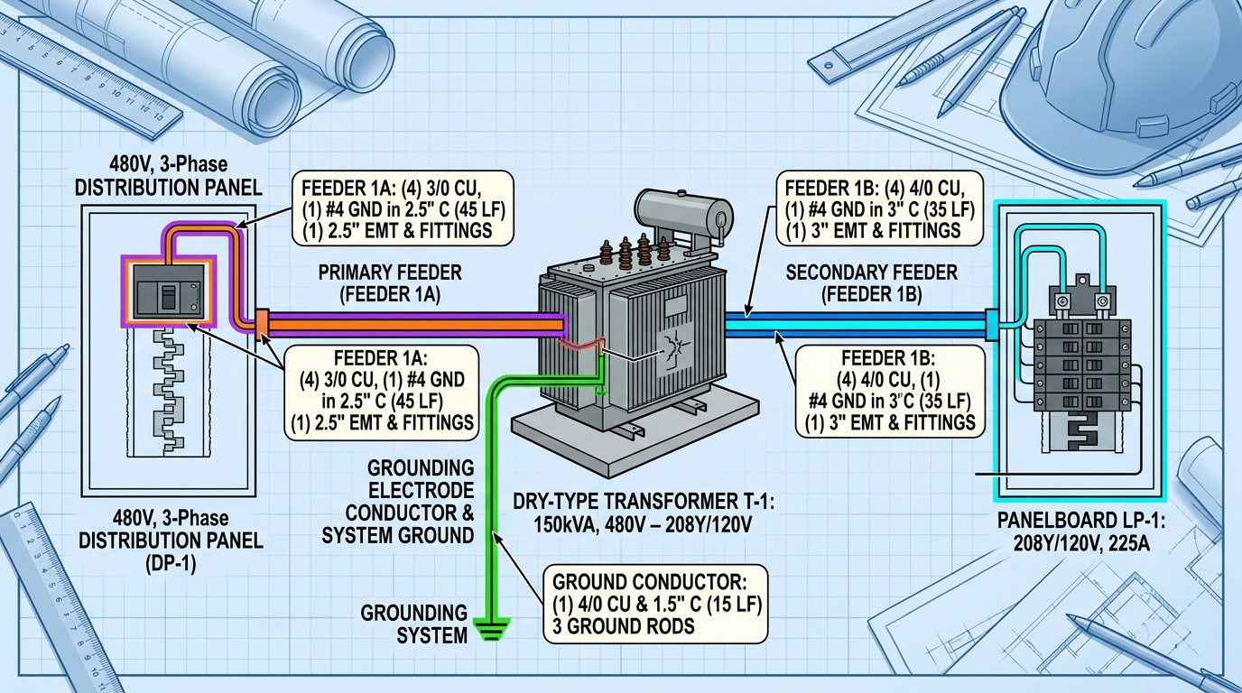 Transformer primary and secondary feeder scope on an electrical one-line diagram