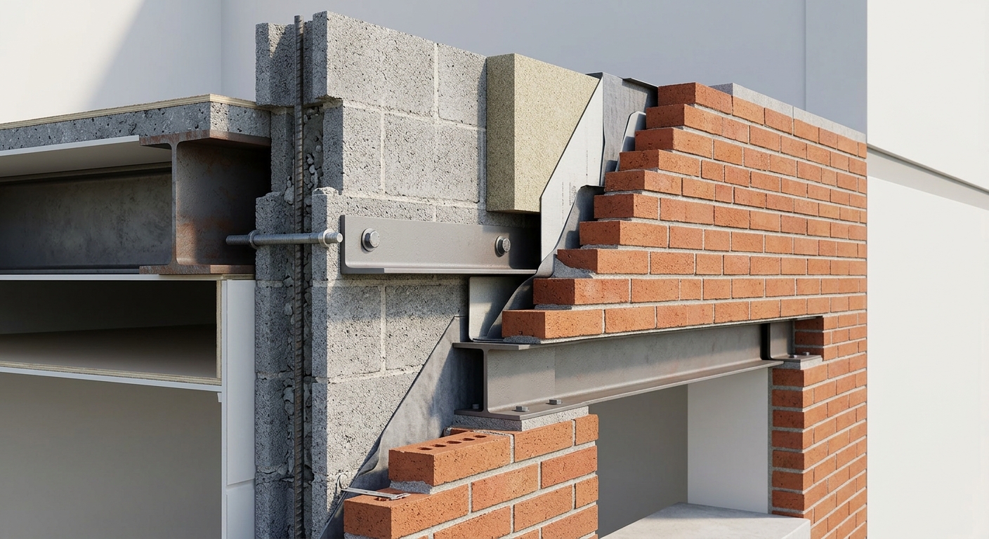Structural steel shelf angles lintels and anchors coordinating with masonry
