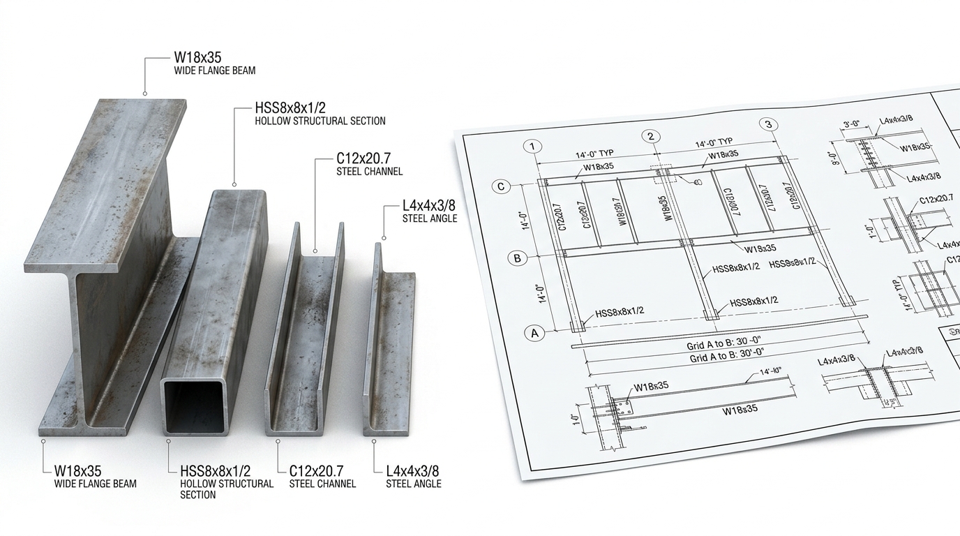 Common structural steel member callouts including W beams HSS channels and angles