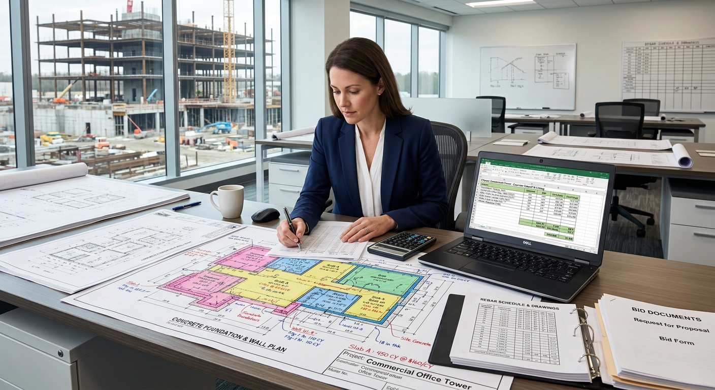 Estimator performing final concrete bid takeoff review