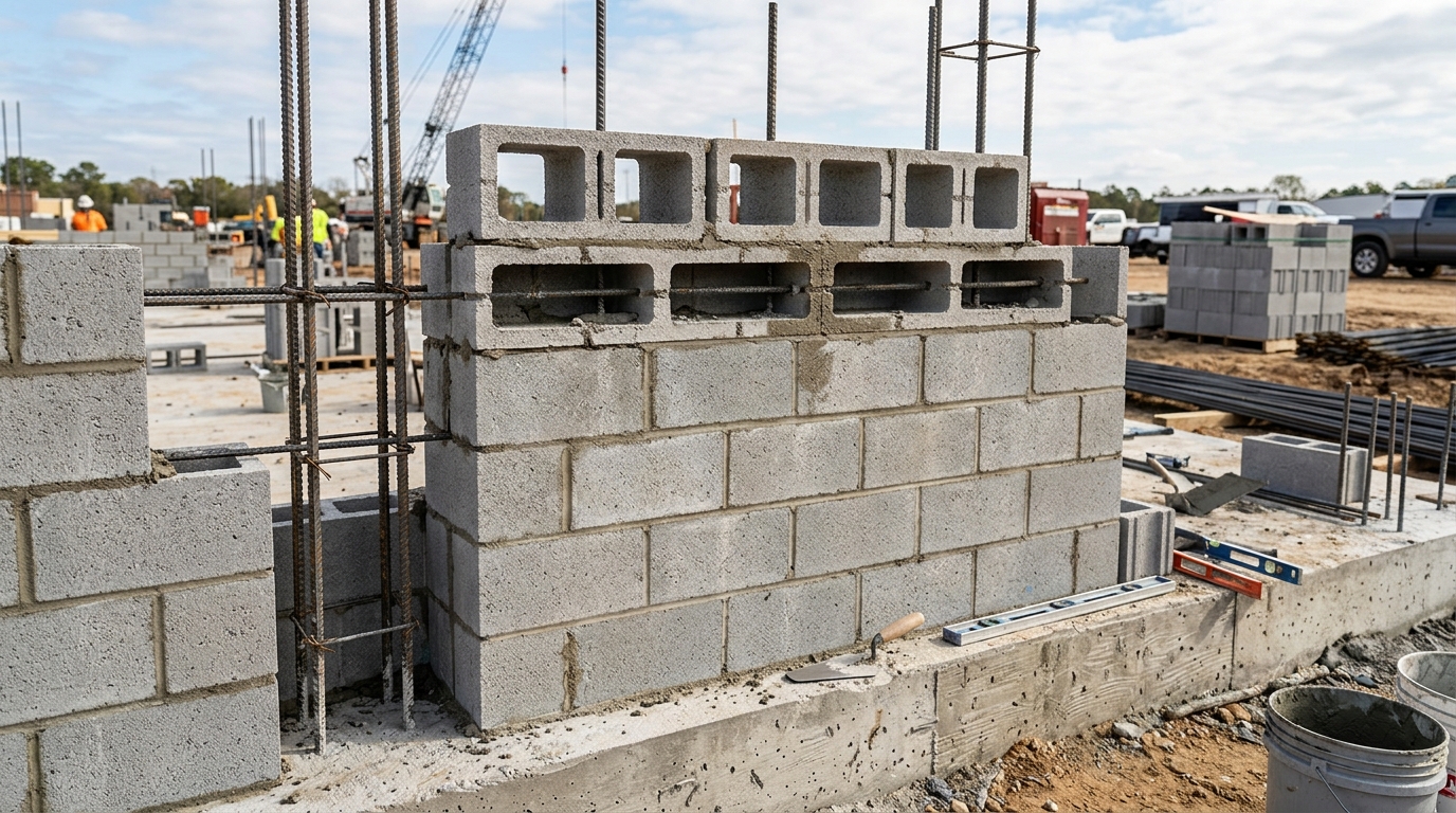 Vertical rebar and bond beam reinforcement in a CMU masonry wall