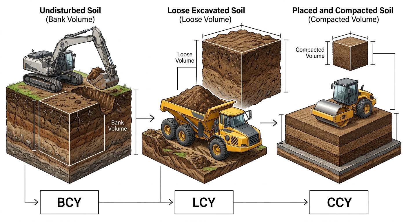 Bank, loose and compacted cubic yard stages in earthwork