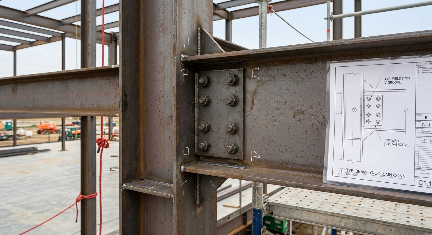 Structural steel beam connection with bolts plates and weld details
