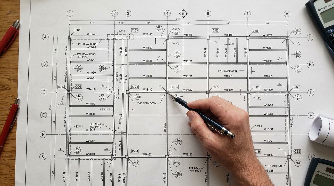 Structural steel framing plan showing grid lines, beams and columns
