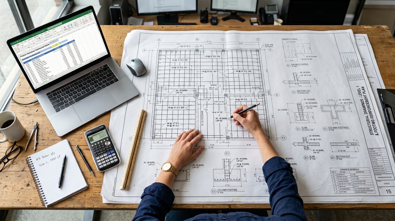 Structural drawings used for a rebar quantity takeoff