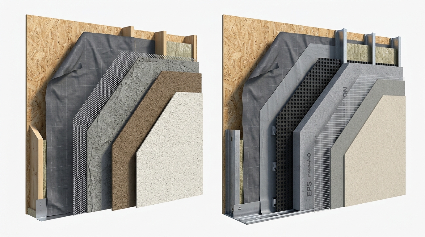 Traditional stucco and EIFS wall assembly layers compared side by side