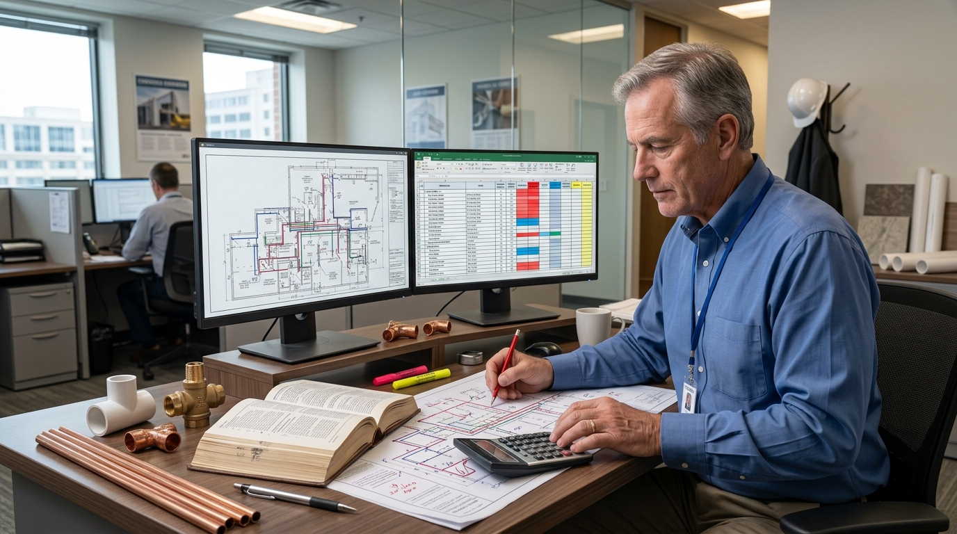 Plumbing estimator reviewing a completed quantity takeoff and marked plans