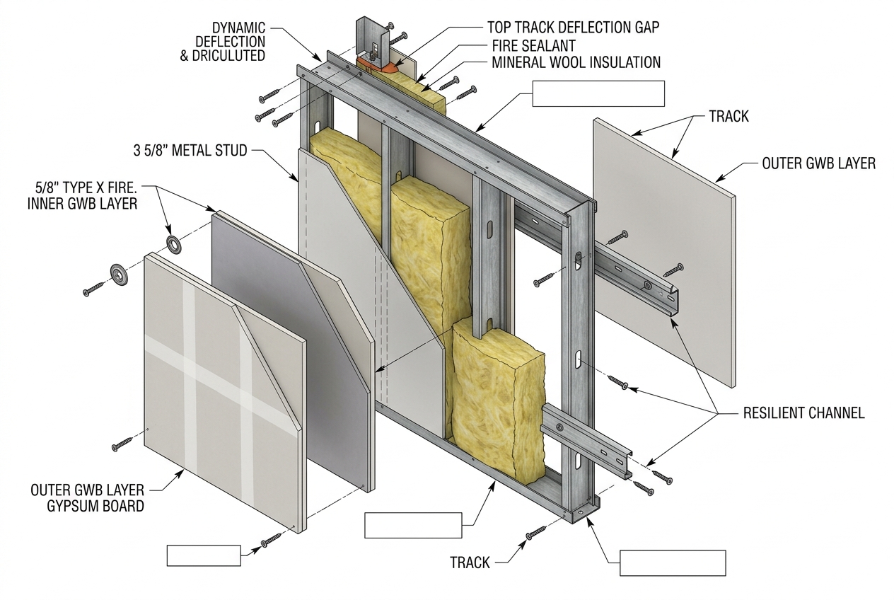 Drywall wall assembly showing metal studs, gypsum board layers and insulation