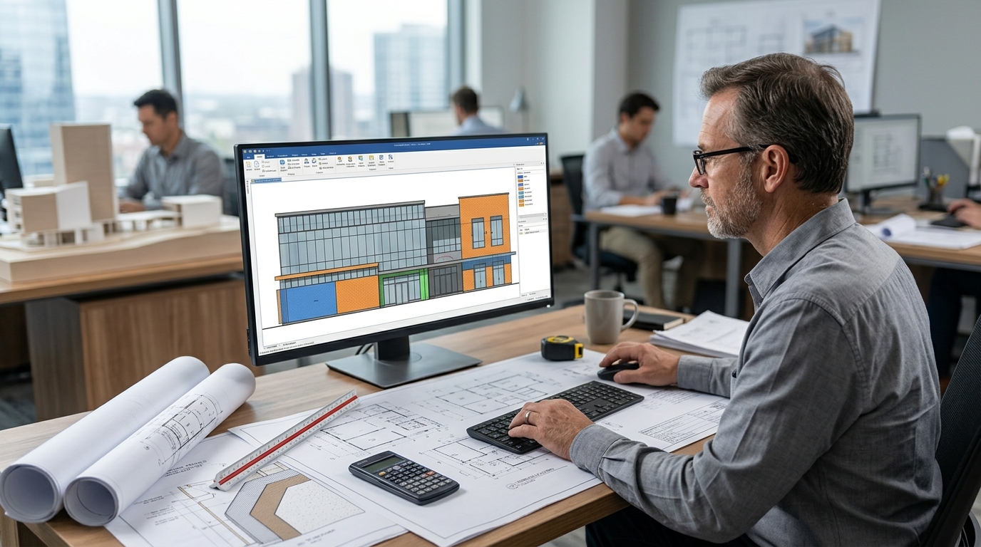 Construction estimator performing a stucco and EIFS takeoff from architectural plans