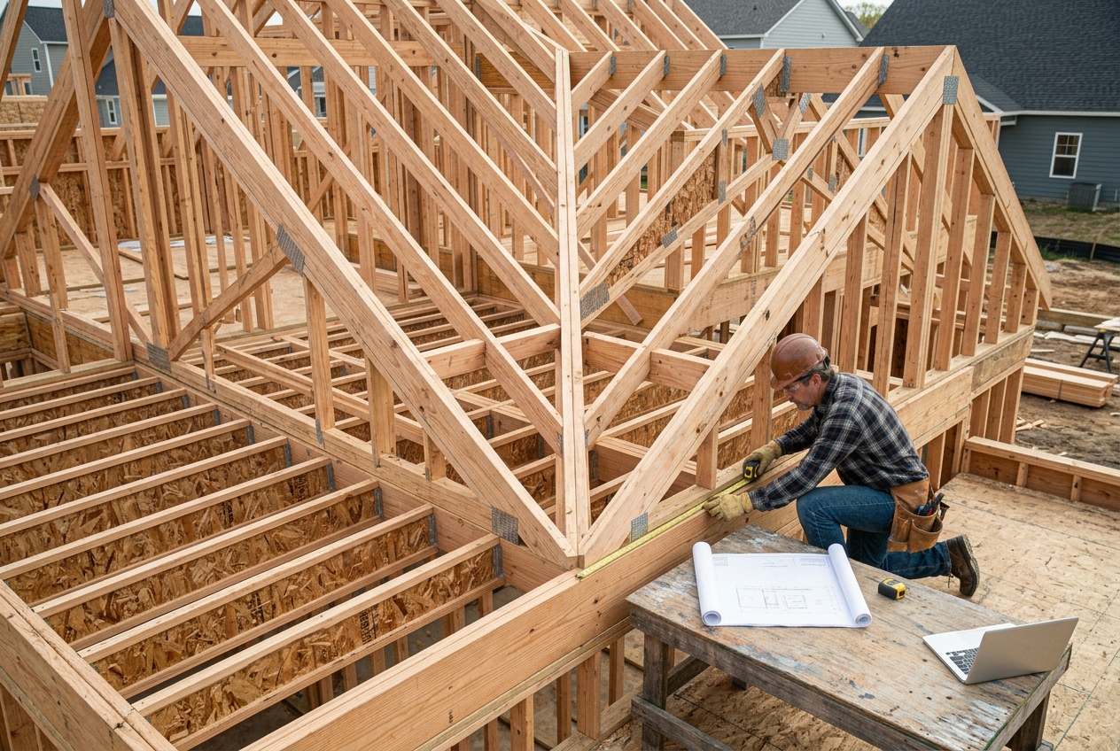 Roof framing takeoff showing rafters trusses and structural connections