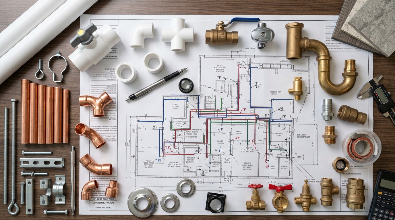 Plumbing fittings and fixture components included in a material takeoff