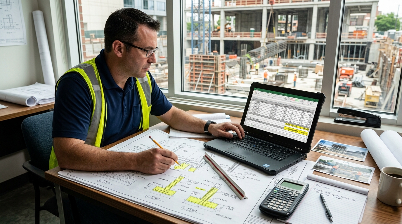 Estimator reviewing a rebar takeoff checklist before bid submission
