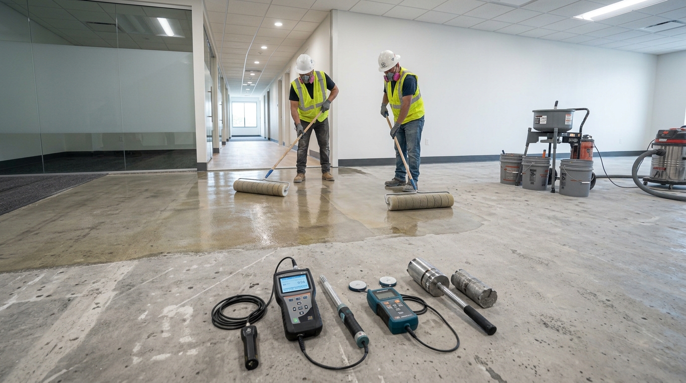 Moisture testing and mitigation for commercial flooring