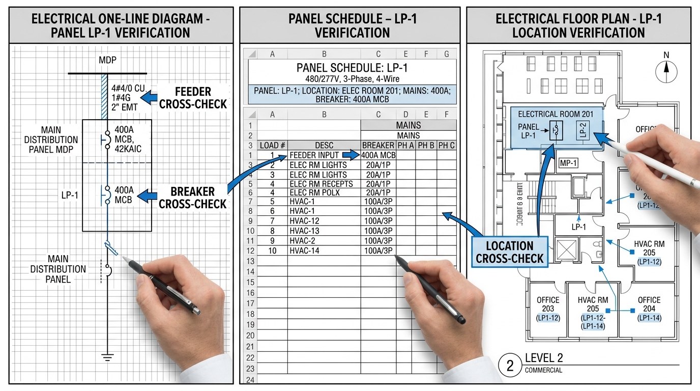 Cross-checking an electrical one-line diagram with panel schedules and floor plans