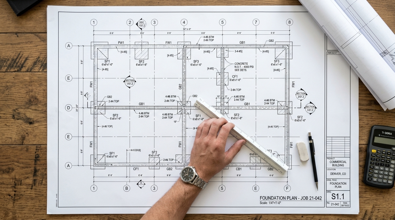 Foundation plan showing footings grid lines and structural callouts