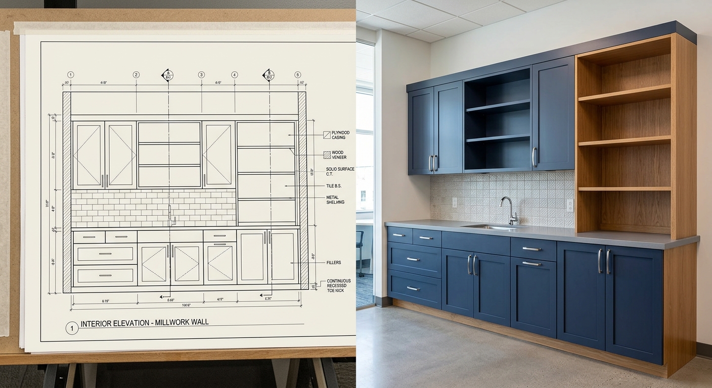 Interior elevation showing commercial casework and cabinetry layout