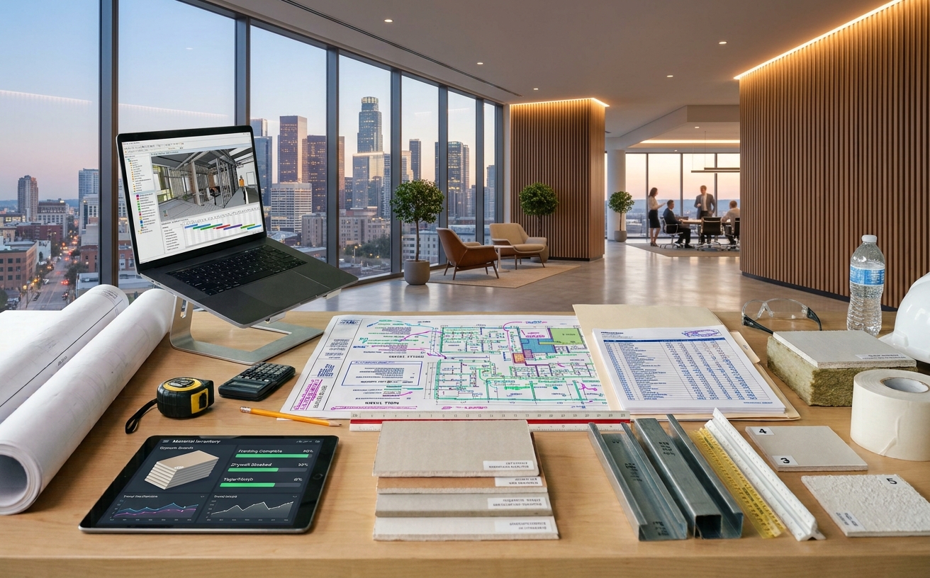 Drywall estimating deliverables with gypsum board quantities, metal framing takeoffs, finish levels, labor costs, assumptions, and marked-up plans