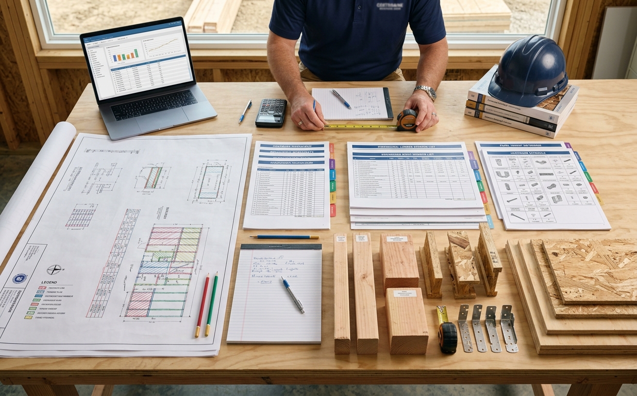 Lumber estimating deliverables with dimensional and engineered wood quantities, supplier-ready lists, labor costs, scope notes, and marked-up plans