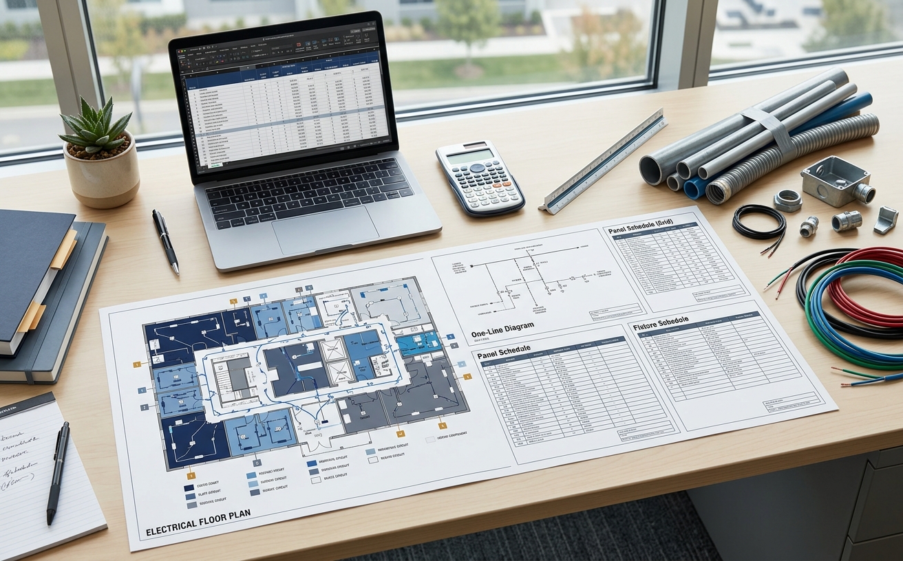 Electrical estimate workbook with color-coded plans, equipment schedules, conduit and wire quantities, labor hours, costs, and scope notes
