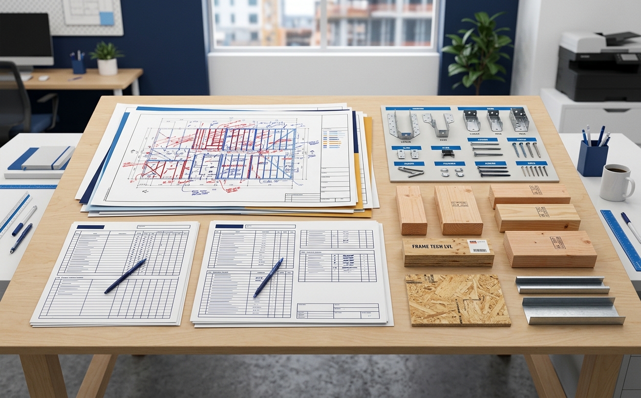 Framing estimating deliverables with wood and cold-formed steel quantities, sheathing, hardware, labor costs, assumptions, and marked-up plans