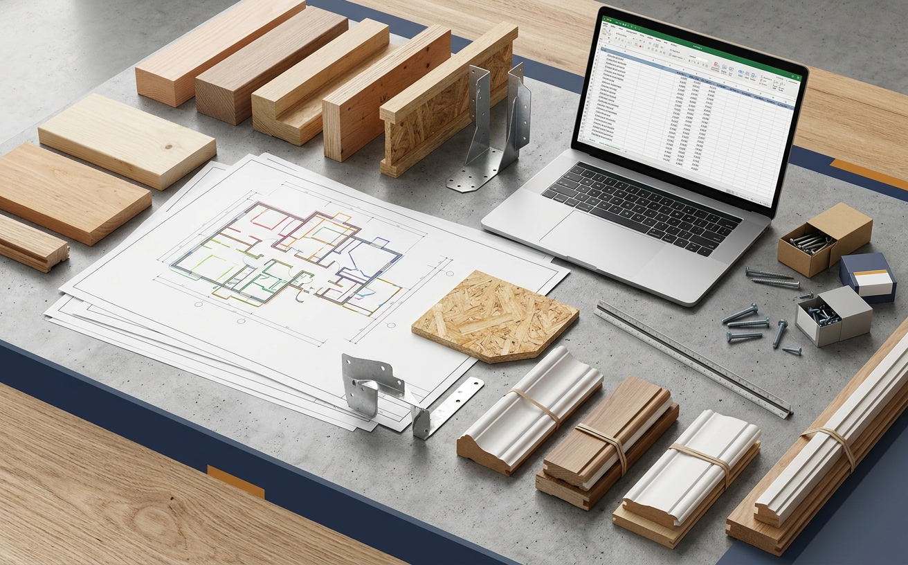 Carpentry estimating deliverables with lumber quantities, framing assemblies, trim takeoffs, labor costs, assumptions, and marked-up plans
