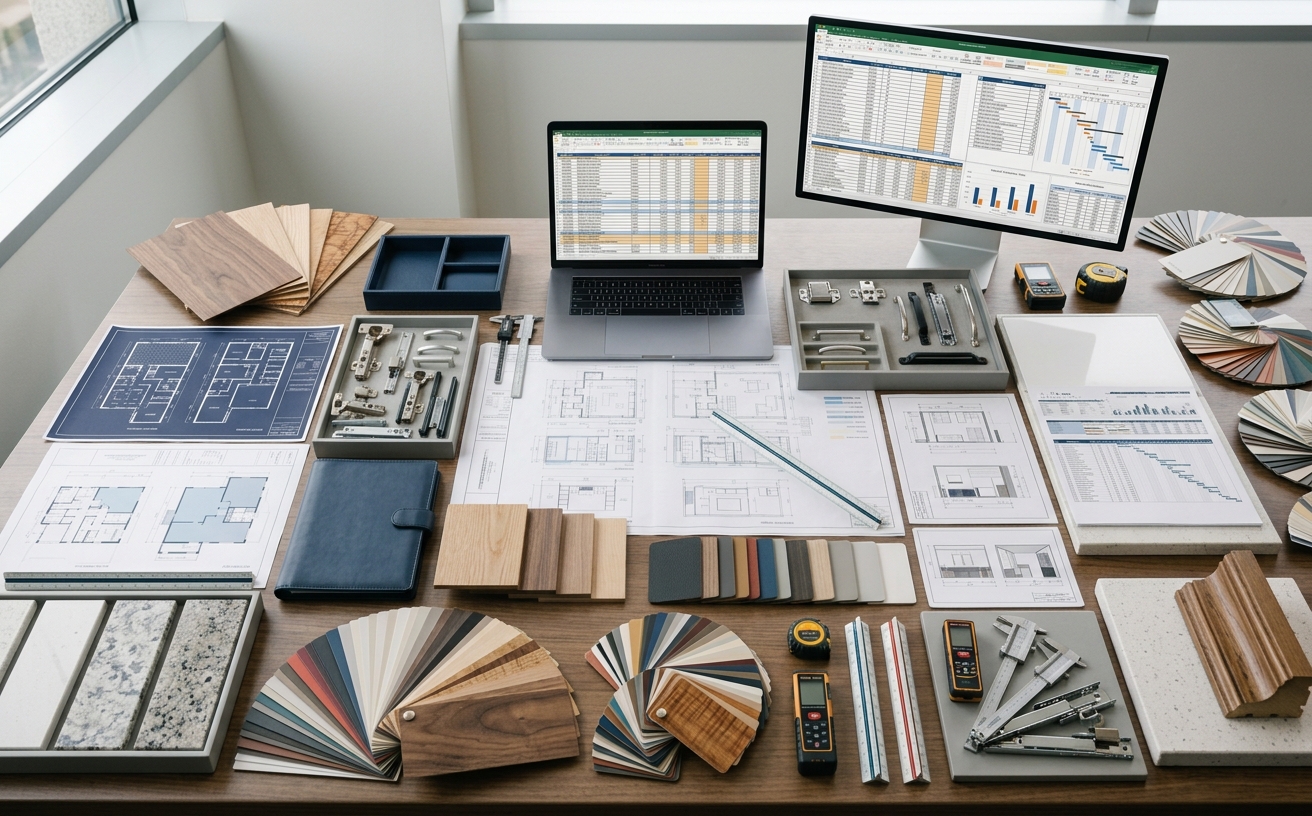 Millwork estimating spreadsheet beside color-coded architectural casework, cabinetry, trim, and wall panel elevations