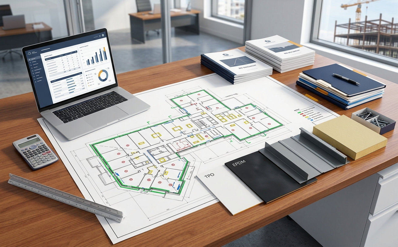 Roofing estimating deliverables with roof system quantities, insulation, flashing, drainage, labor costs, assumptions, and marked-up plans