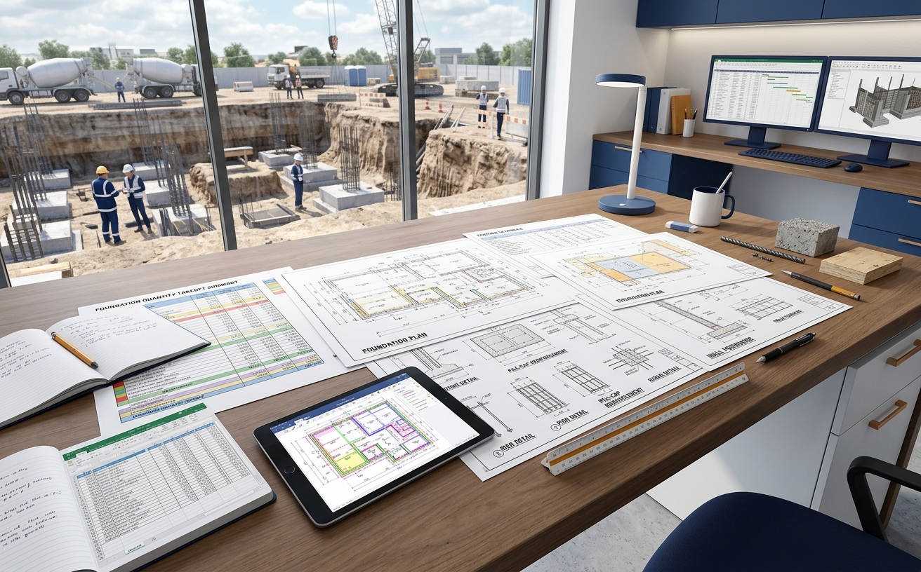 Foundation quantity workbook beside color-coded footing, wall, pier, pile, rebar, and excavation plan markups