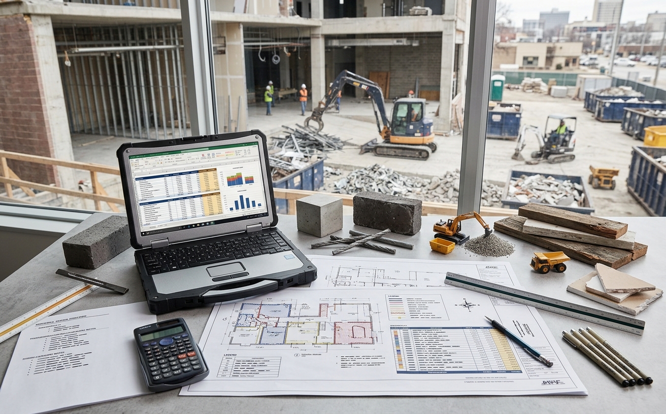 Demolition estimate workbook with removal quantities, labor and equipment, debris loads, disposal costs, assumptions, and color-coded plan markups