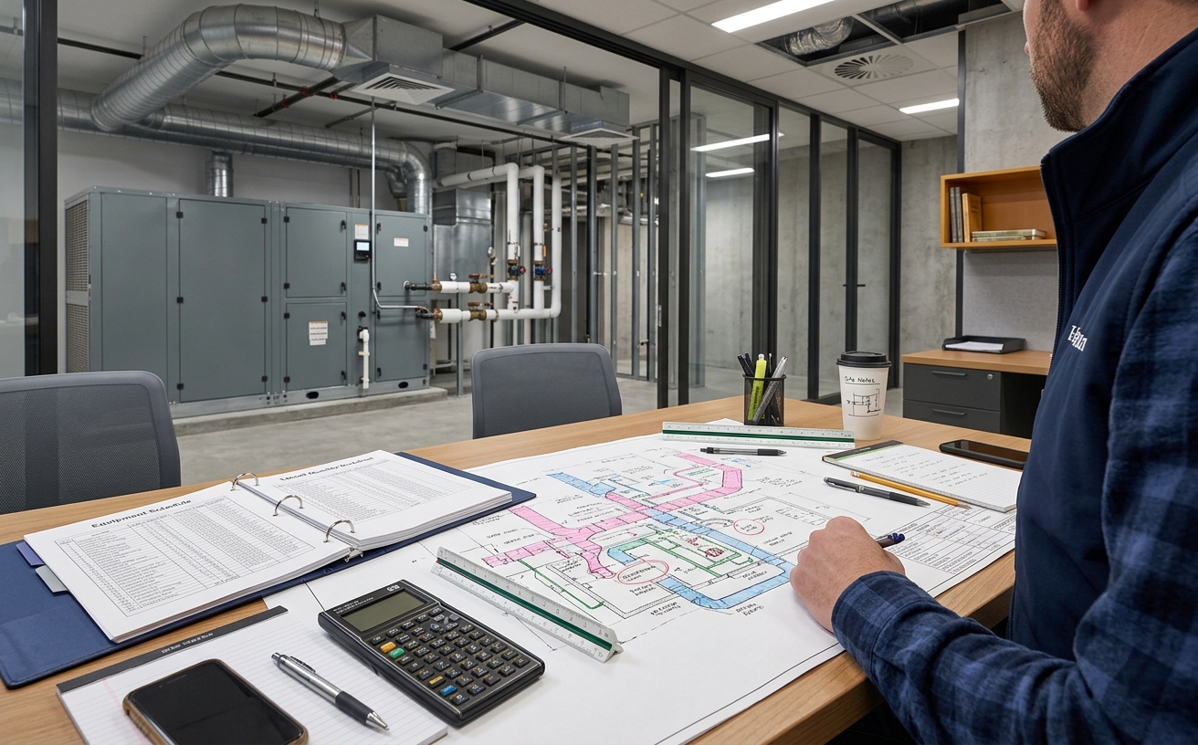 HVAC estimate workbook with color-coded mechanical plans, equipment schedules, duct and piping quantities, labor hours, costs, and scope notes
