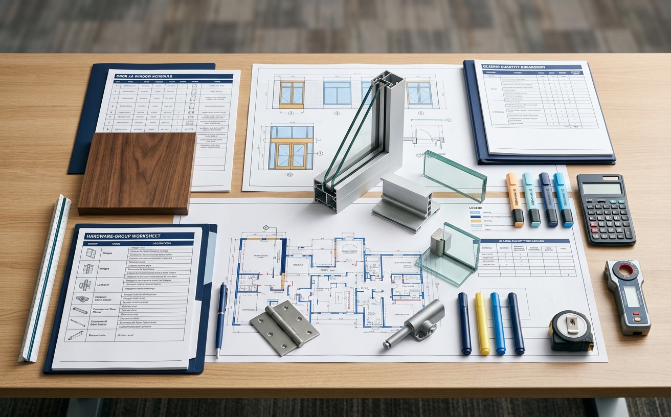 Doors and windows estimating deliverables with opening schedules, hardware groups, glazing quantities, labor costs, assumptions, and marked-up elevations