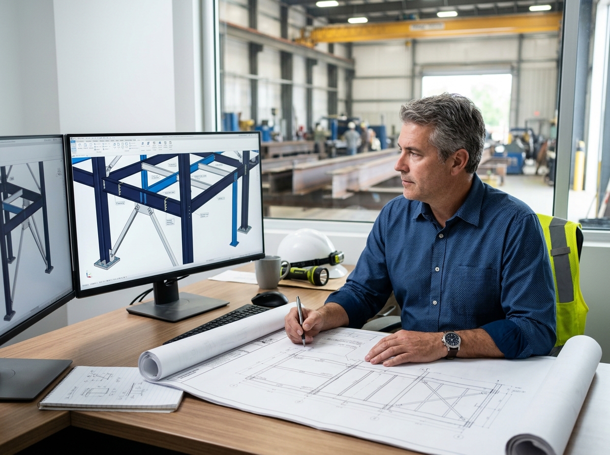 Structural steel takeoff workbook with color-coded framing plans, member weights, connections, fabrication, and erection scope