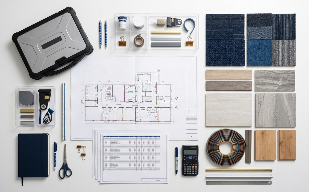 Flooring estimating deliverables with finish quantities, room breakdowns, base, transitions, labor costs, assumptions, and marked-up plans