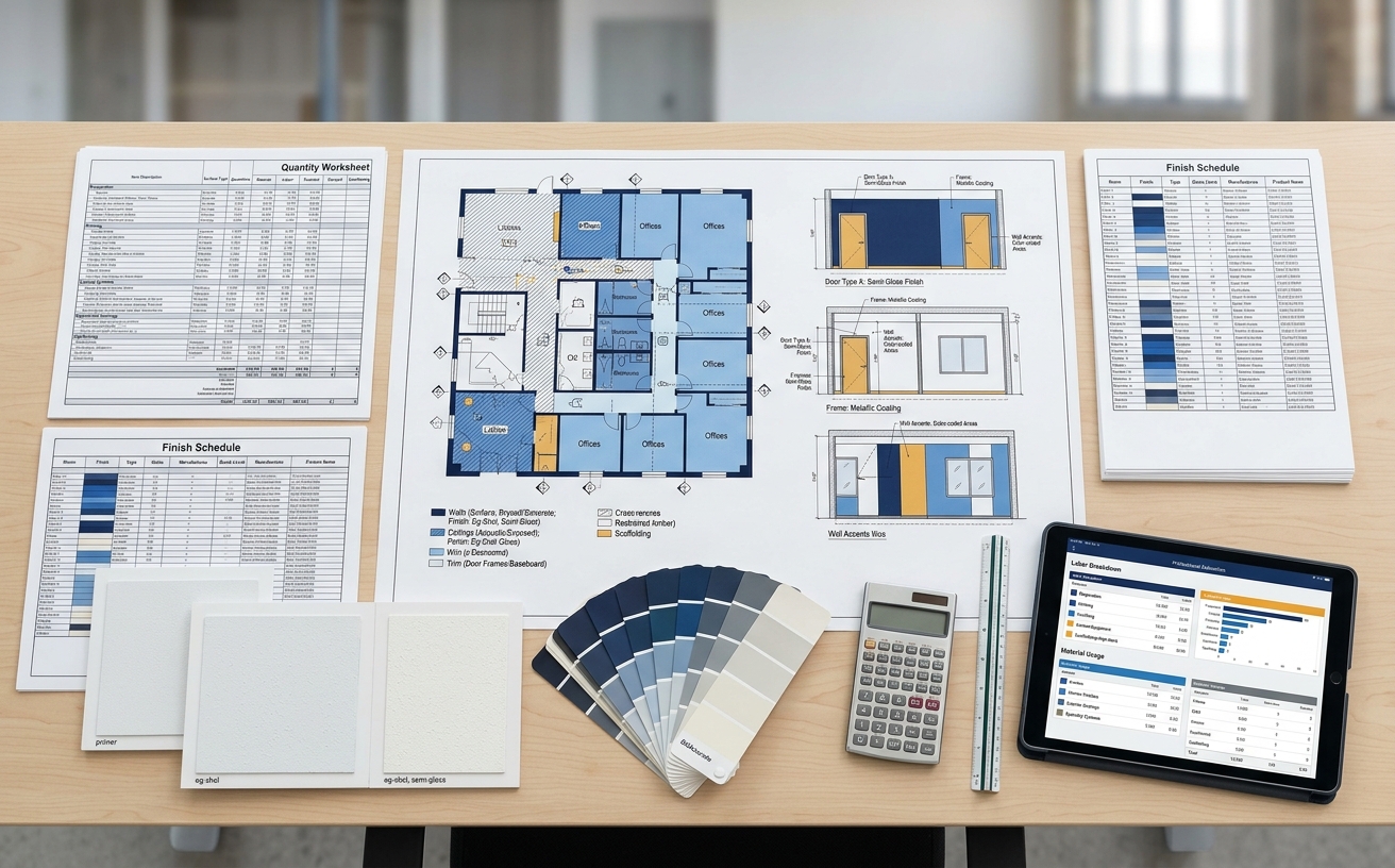 Painting estimating deliverables with coating quantities, finish systems, preparation, labor costs, assumptions, and marked-up plans