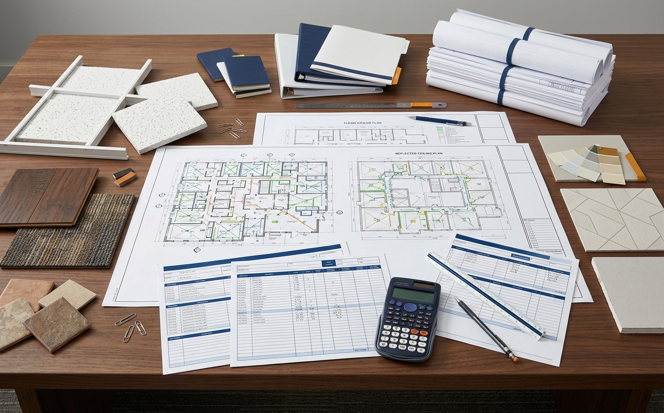 Finishes estimating deliverables with material quantities, labor costs, assumptions, and color-coded plans