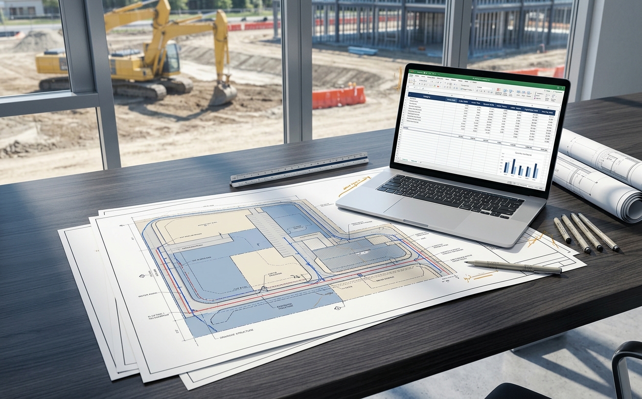 Sitework takeoff package with earthwork quantities, underground utility measurements, cost workbook, and color-coded civil plan markups