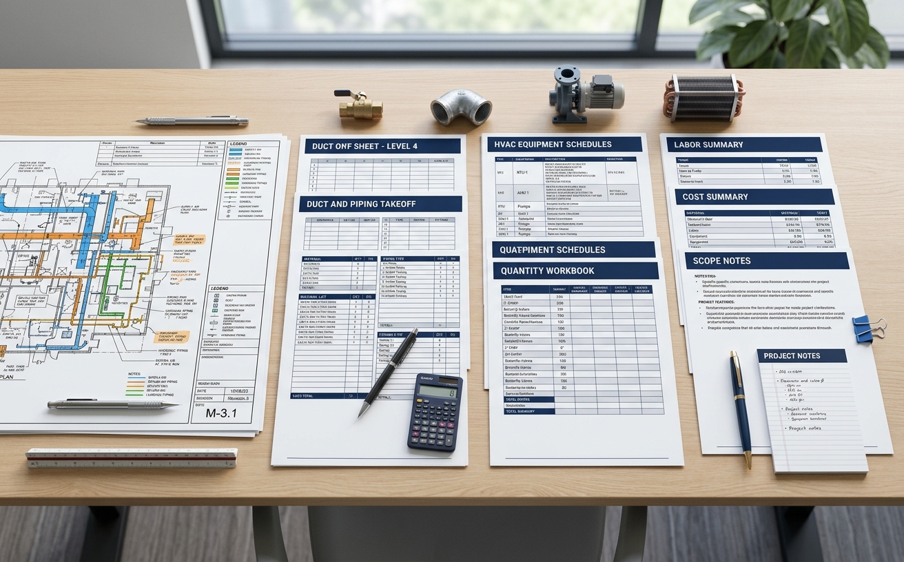 Mechanical estimate workbook with color-coded plans, equipment schedules, duct and piping quantities, labor hours, costs, and scope notes